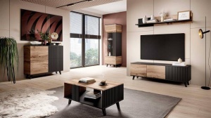 ETAJERA RANDOM P-1, 150 CM, STEJAR WOTAN/NEGRU, DIN MDF FURNIRUIT, POLIPROPILENA SI METAL, STIL MODERN - Img 2
