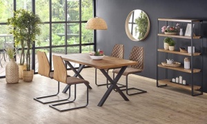 MASA DINING EXTENSIBILA XAVIER, STEJAR/NEGRU, 160/250 CM, BLAT DIN FURNIR NATURAL SI PICIOARE DIN METAL, STIL VINTAGE - Img 1