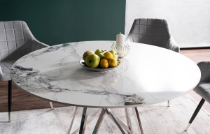 MASA DINING MURANO, 120 CM, EFECT DE MARMURA ALBA/CROM, BLAT DIN CERAMICA SI PICIOARE DIN METAL, STIL MODERN - Img 2