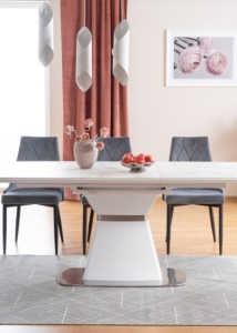MASA EXTENSIBILA SATURN II, 160/210 CM, EFECT DE MARMURA ALBA/CROM, DIN CERAMICA, MDF SI METAL, STIL MODERN - Img 3