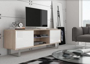 COMODA TV ALB/STEJAR CU LED SI TELECOMANDA KING 2 - DESIGN MODERN - Img 1