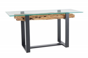CONSOLA, BARRACUDA 150CM, LEMN MASIV DE TEC SI STICLA, NATUR/NEGRU, MODEL DEOSEBIT - Img 6