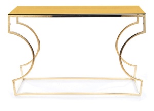 CONSOLA KENZO C, 120 CM, CHIHLIMBAR/AURIU, BLAT DIN STICLA SECURIZATA SI CADRU DIN METAL, STIL MODERN - Img 2