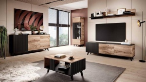 ETAJERA RANDOM P-2, 180 CM, STEJAR WOTAN/NEGRU, DIN MDF FURNIRUIT, POLIPROPILENA SI METAL, STIL MODERN - Img 2