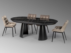 MASA DINING EXTENSIBILA CAPRI, 206/406 CM, EFECT DE MARMURA NEAGRA/NEGRU MAT, BLAT DIN MDF LAMINAT SI PICIOARE DIN METAL, STIL MODERN - Img 2