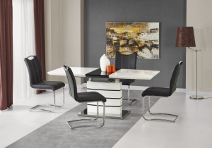 MASA DINING EXTENSIBILA NORD, ALB/NEGRU/CROM, 140/180 CM, DIN MDF LACUIT SI METAL, STIL MODERN - Img 1