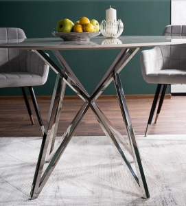 MASA DINING MURANO, 120 CM, EFECT DE MARMURA ALBA/CROM, BLAT DIN CERAMICA SI PICIOARE DIN METAL, STIL MODERN - Img 3
