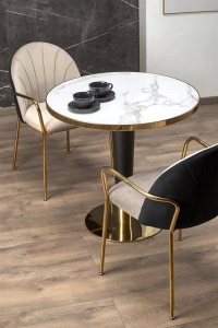 MASA LIVING MORATA, CU EFECT DE MARMURA ALBA/NEGRU/AURIU, 79 CM, BLAT DIN CERAMICA SI PICIOR DIN METAL, STIL MODERN - Img 1
