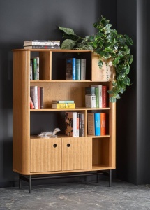 BIBLIOTECA SMART REG-2, STEJAR NATURAL/NEGRU, 153 CM, DIN MDF FURNIRUIT SI METAL, STIL VINTAGE - Img 1