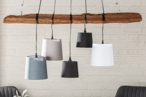 LUSTRA, LEVEL, 5 ABAJURURI, DIN LEMN SI TEXTIL, DESIGN RUSTIC - Img 2