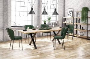 MASA DINING APEX, STEJAR/NEGRU, 140 CM, BLAT DIN LEMN MASIV SI PICIOARE DIN METAL, STIL VINTAGE - Img 1