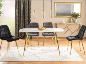 MASA DINING CERES, 140 CM, EFECT DE MARMURA ALBA/AURIU, BLAT DIN MDF, STICLA SECURIZATA SI PICIOARE DIN METAL, STIL MODERN - Img 1