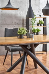 MASA DINING EXTENSIBILA DERRICK, STEJAR/NEGRU, 160/200 CM, BLAT DIN MDF SI PICIOARE DIN METAL, STIL MODERN - Img 3