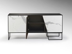 COMODA/BUFET KERALA, 160 CM, EFECT DE MARMURA ALBA/NEGRU/NEGRU MAT, DIN MDF, CERAMICA SI CADRU DIN METAL, STIL MODERN - Img 5