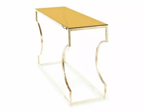 CONSOLA KENZO C, 120 CM, CHIHLIMBAR/AURIU, BLAT DIN STICLA SECURIZATA SI CADRU DIN METAL, STIL MODERN - Img 4