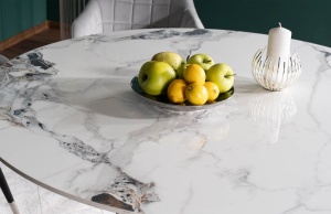 MASA DINING MURANO, 120 CM, EFECT DE MARMURA ALBA/CROM, BLAT DIN CERAMICA SI PICIOARE DIN METAL, STIL MODERN - Img 5