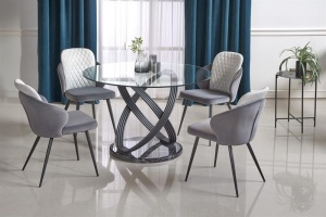 MASA DINING OPTICO, TRANSPARENT/NEGRU CU EFECT DE MARMURA, 122 CM, DIN STICLA SI METAL, STIL MODERN - Img 1