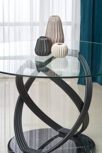 MASA DINING OPTICO, TRANSPARENT/NEGRU CU EFECT DE MARMURA, 122 CM, DIN STICLA SI METAL, STIL MODERN - Img 4