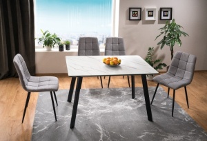 MASA DINING SAMUEL, 120 CM, EFECT DE MARMURA ALBA/NEGRU MAT, DIN MDF, STICLA SECURIZATA SI METAL, STIL MODERN - Img 1