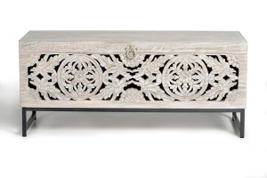 LADA PENTRU DEPOZITARE/CUFAR DORA 116CM, ALB ANTICHIZAT/NEGRU, LEMN DE MANGO SCULPTAT SI METAL, GINER Y COLOMER - Img 1