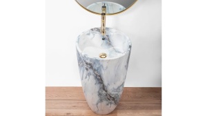 LAVOAR REA STATIV ANYA, GRANIT MAT, 84 CM, EFECT DE MARMURA ALBA MATA, DIN CERAMICA, CALITATE SUPERIOARA - Img 3