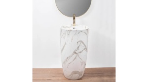 LAVOAR REA STATIV ANYA, LAVA MAT, 84 CM, EFECT DE MARMURA ALBA MATA, DIN CERAMICA, CALITATE SUPERIOARA - Img 4