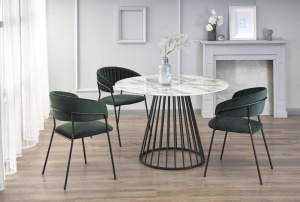 MASA DINING BRODWAY, CU EFECT DE MARMURA ALBA/NEGRU, 110 CM, BLAT DIN MDF SI PICIOR DIN METAL, STIL MODERN - Img 1