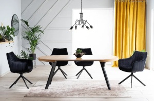 MASA DINING EXTENSIBILA DOMINGO, 100/250 CM, STEJAR/NEGRU, BLAT DIN FURNIR NATURAL SI PICIOARE DIN METAL, STIL MODERN - Img 8