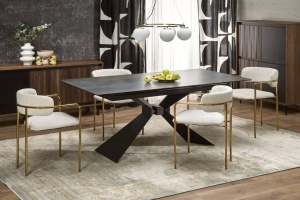 MASA DINING EXTENSIBILA LUCIANO, 180-230 CM, EFECT DE MARMURA ALBASTRA/NEGRU, DIN CERAMICA, STICLA SI METAL, STIL MODERN - Img 2