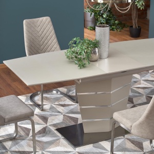 MASA DINING EXTENSIBILA SORENTO, BEJ MAT/CROM, 140/180 CM, BLAT DIN STICLA, MDF SI PICIOR DIN METAL, STIL MODERN - Img 2