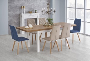 MASA DINING EXTENSIBILA TIAGO, STEJAR LANCELOT/ALB, 140/220 CM, BLAT DIN PAL SI PICIOARE DIN LEMN MASIV, STIL CLASIC - Img 1