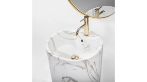 LAVOAR REA STATIV ANYA, LAVA MAT, 84 CM, EFECT DE MARMURA ALBA MATA, DIN CERAMICA, CALITATE SUPERIOARA - Img 6