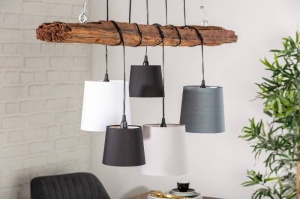 LUSTRA, LEVEL, 5 ABAJURURI, DIN LEMN SI TEXTIL, DESIGN RUSTIC - Img 1
