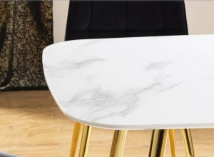 MASA DINING CERES, 140 CM, EFECT DE MARMURA ALBA/AURIU, BLAT DIN MDF, STICLA SECURIZATA SI PICIOARE DIN METAL, STIL MODERN - Img 4