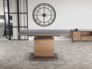MASA DINING EXTENSIBILA CONCORD, STEJAR AURIU/GRI, 140/180 CM, BLAT DIN STICLA, MDF SI PICIOR DIN METAL, STIL MODERN - Img 2
