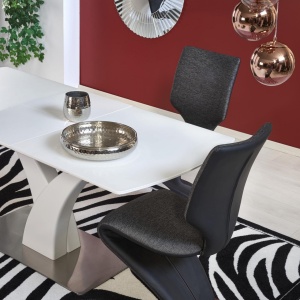 MASA DINING EXTENSIBILA PALERMO, ALB MAT/CROM, 140/180 CM, DIN STICLA, MDF SI METAL, STIL MODERN - Img 3