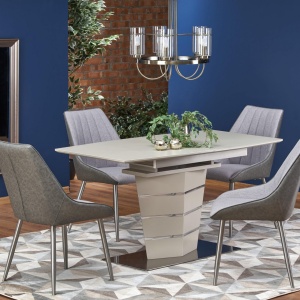 MASA DINING EXTENSIBILA SORENTO, BEJ MAT/CROM, 140/180 CM, BLAT DIN STICLA, MDF SI PICIOR DIN METAL, STIL MODERN - Img 3