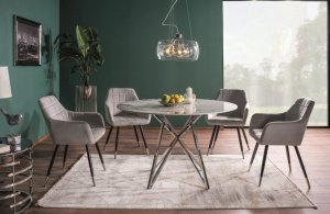 MASA DINING MURANO, 120 CM, EFECT DE MARMURA ALBA/CROM, BLAT DIN CERAMICA SI PICIOARE DIN METAL, STIL MODERN - Img 1
