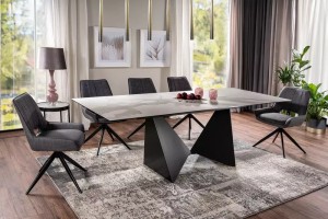MASA EXTENSIBILA PETERSON, 160/240 CM, EFECT DE MARMURA ALBA/NEGRU, DIN STICLA SECURIZATA, CERAMICA SI MDF, STIL MODERN - Img 1