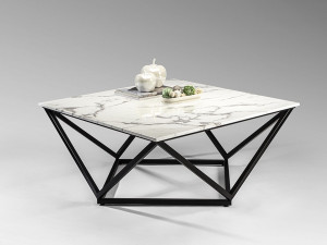 MASUTA DE CAFEA LUMA, 100 CM, EFECT DE MARMURA ALBA/NEGRU MAT, BLAT DIN MARMURA SI PICIOARE DIN METAL, STIL MODERN - Img 3
