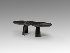 MASA DINING EXTENSIBILA CAPRI, 206/406 CM, EFECT DE MARMURA NEAGRA/NEGRU MAT, BLAT DIN MDF LAMINAT SI PICIOARE DIN METAL, STIL MODERN - Img 7