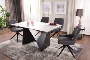 MASA EXTENSIBILA PETERSON, 160/240 CM, EFECT DE MARMURA ALBA/NEGRU, DIN STICLA SECURIZATA, CERAMICA SI MDF, STIL MODERN - Img 2