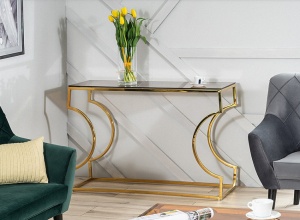 CONSOLA KENZO C, 120 CM, CHIHLIMBAR/AURIU, BLAT DIN STICLA SECURIZATA SI CADRU DIN METAL, STIL MODERN - Img 1