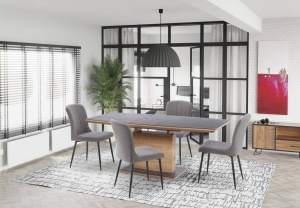 MASA DINING EXTENSIBILA CONCORD, STEJAR AURIU/GRI, 140/180 CM, BLAT DIN STICLA, MDF SI PICIOR DIN METAL, STIL MODERN - Img 1