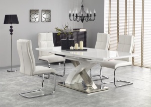 MASA DINING EXTENSIBILA SANDOR 2, ALB/CROM, 160/220 CM, BLAT DIN STICLA, MDF SI PICIOARE DIN METAL, STIL MODERN - Img 1