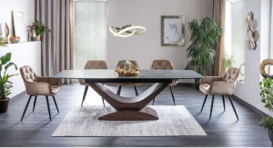 MASA EXTENSIBILA DOLCE, 180/240 CM, EFECT DE MARMURA GRI/NUC, DIN STICLA SECURIZATA, CERAMICA SI MDF, STIL MODERN - Img 1