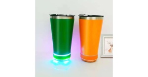 Cana tip termos cu boxa bluetooth, capacitate 500 ml, capac cu deschizator sticle, incarcare USB, lumina led, albastru - Img 3
