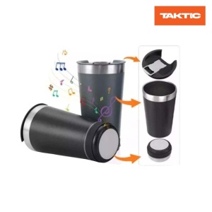 Cana tip termos cu boxa bluetooth, capacitate 500 ml, capac cu deschizator sticle, incarcare USB, lumina led, albastru - Img 1