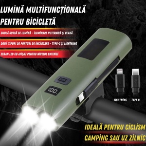 Lumină LED Bicicletă 3-în-1 – Far Puternic, Power Bank 3000mAh, Lanternă, Încărcare USB-C, Afișaj Baterie, Montaj Universal - Img 1