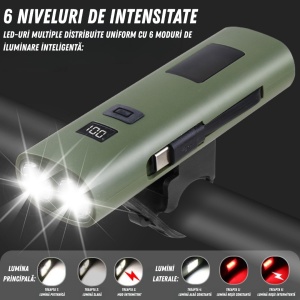 Lumină LED Bicicletă 3-în-1 – Far Puternic, Power Bank 3000mAh, Lanternă, Încărcare USB-C, Afișaj Baterie, Montaj Universal - Img 3